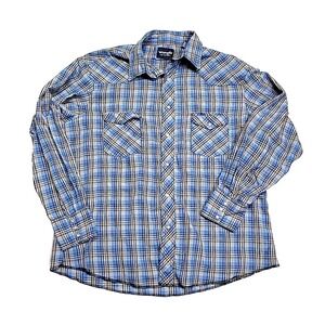 Vintage Wrangler Wrancher Pearl Snap Blue Checkered Western Rodeo Shirt Men's XL
